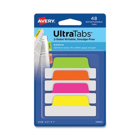 Avery Dennison Avery, ULTRA TABS REPOSITIONABLE MARGIN TABS, 1/5-CUT TABS, ASSORTED NEON, 2.5in WIDE, 48PK 74865